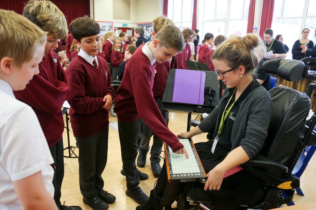 . Pupils talk to Charlotte Bott with her Linnstrument.