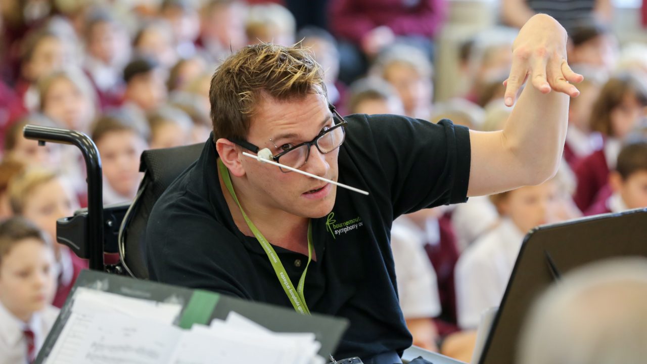 BSO Resound give a concert at Lockyer's Middle School in Corfe Mullen. Conductor  James Rose in action