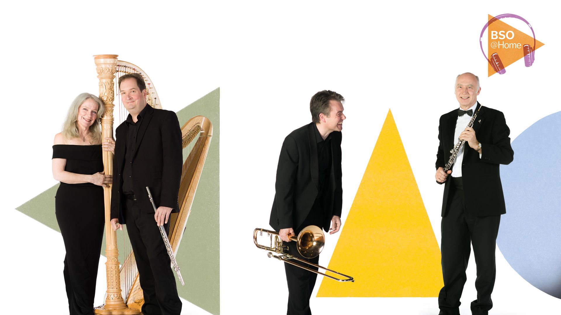 A variety of our musicians on branded imagery for our BSO Concert season coda.