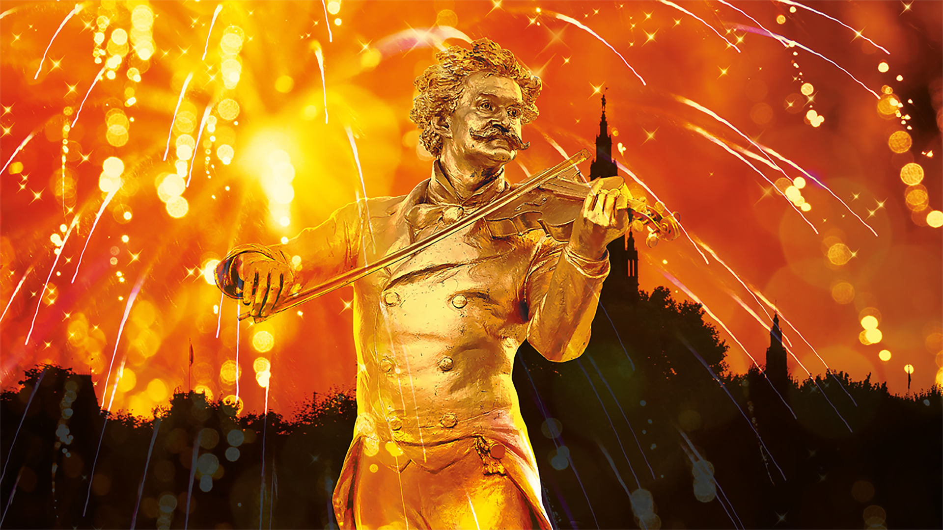 Gold statue playing the violin in front of gold orange fireworks