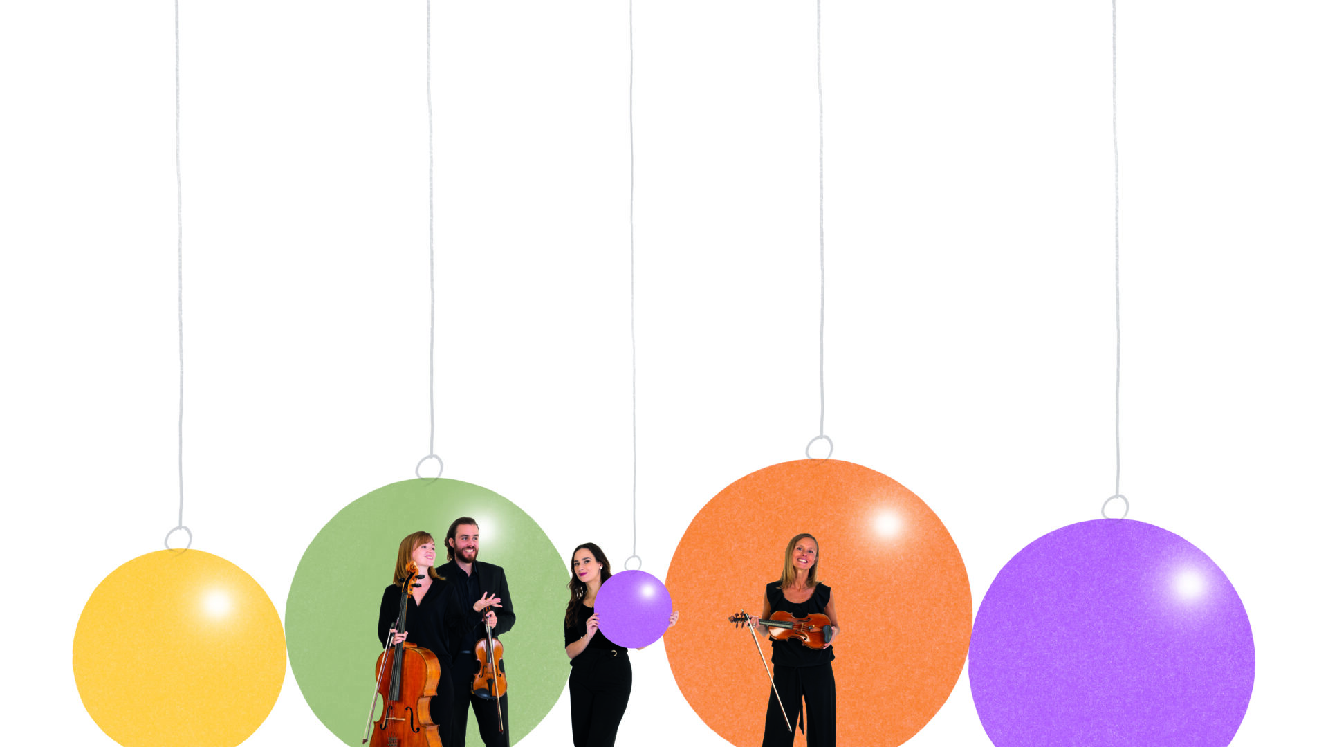 4 BSO Musicians standing in front of 4 giant Christmas baubles, one musician is holding a cello, another is holding a viola and another is holding a violin