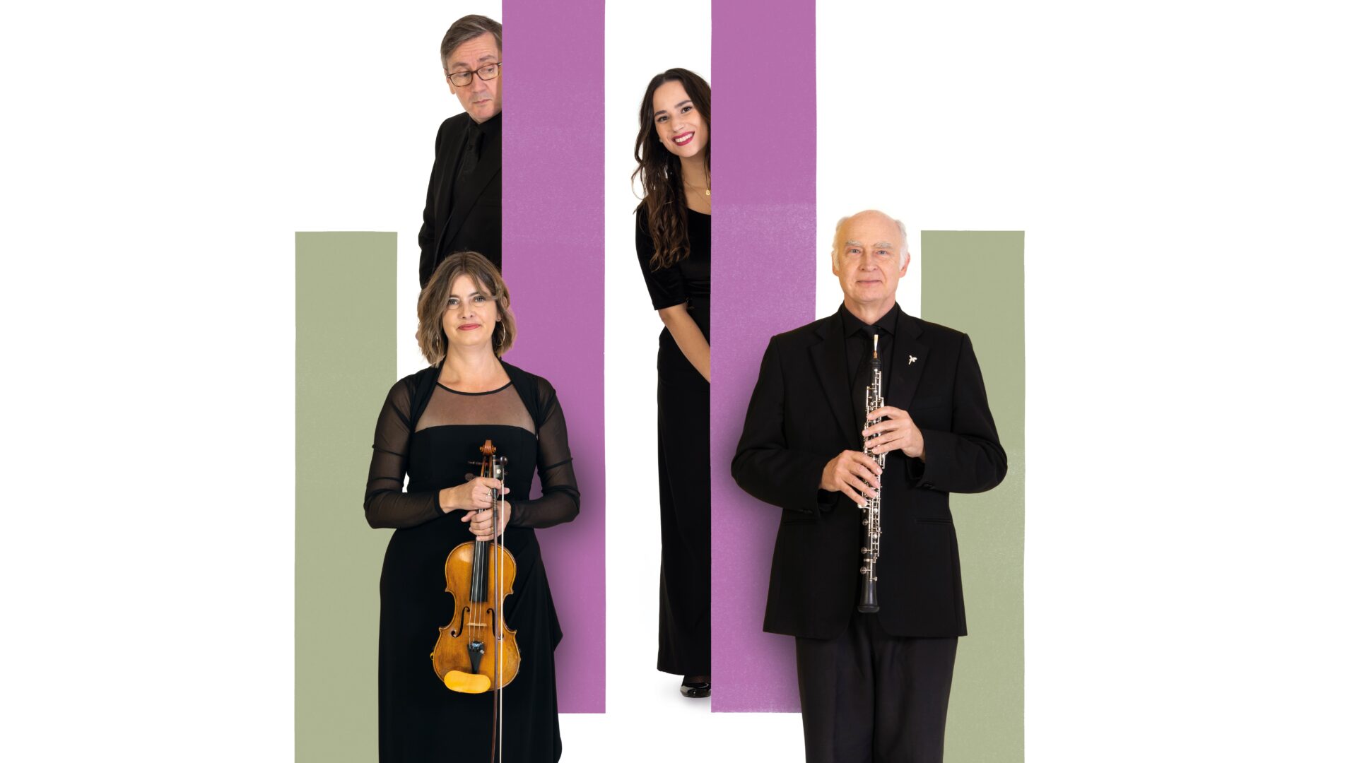 Four BSO musicians, one holding a violin and one holding a clarinet