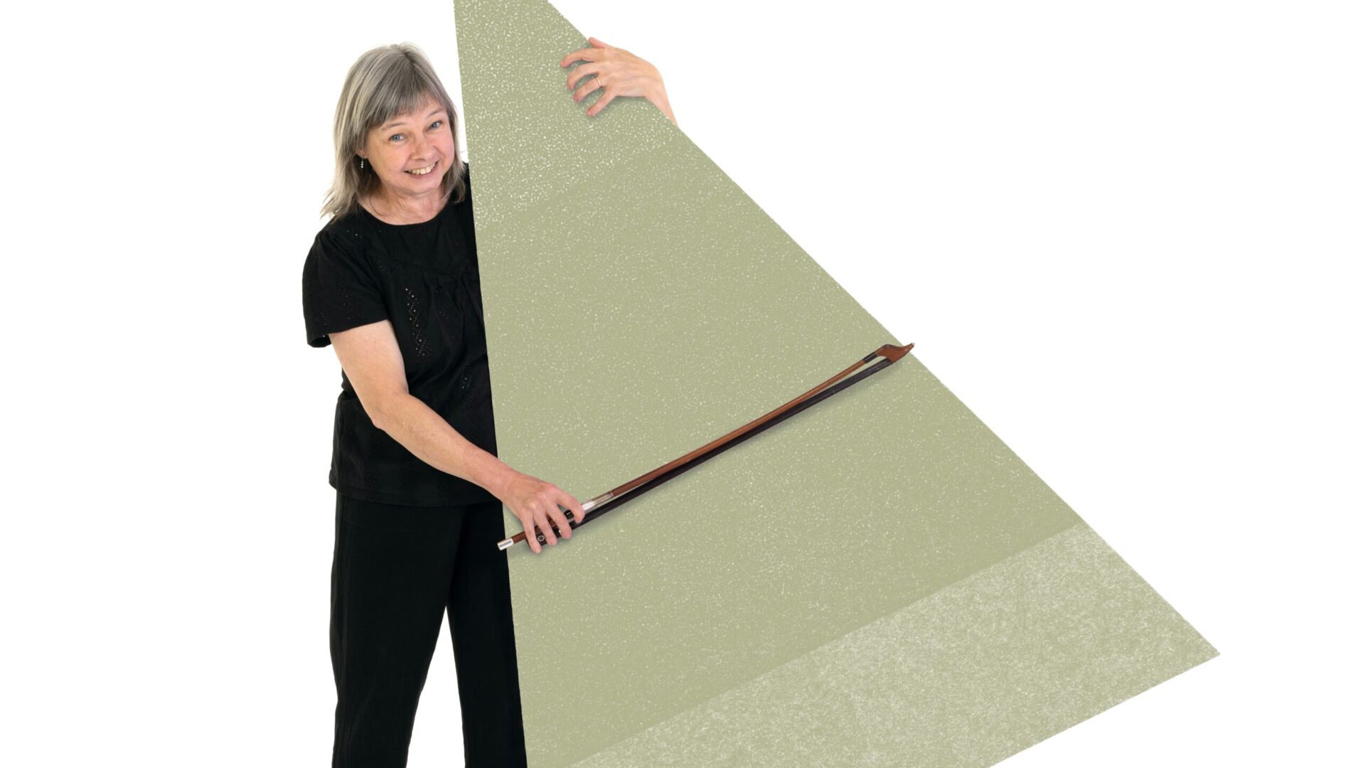 BSO musician playing a green triangle as if it was a cello