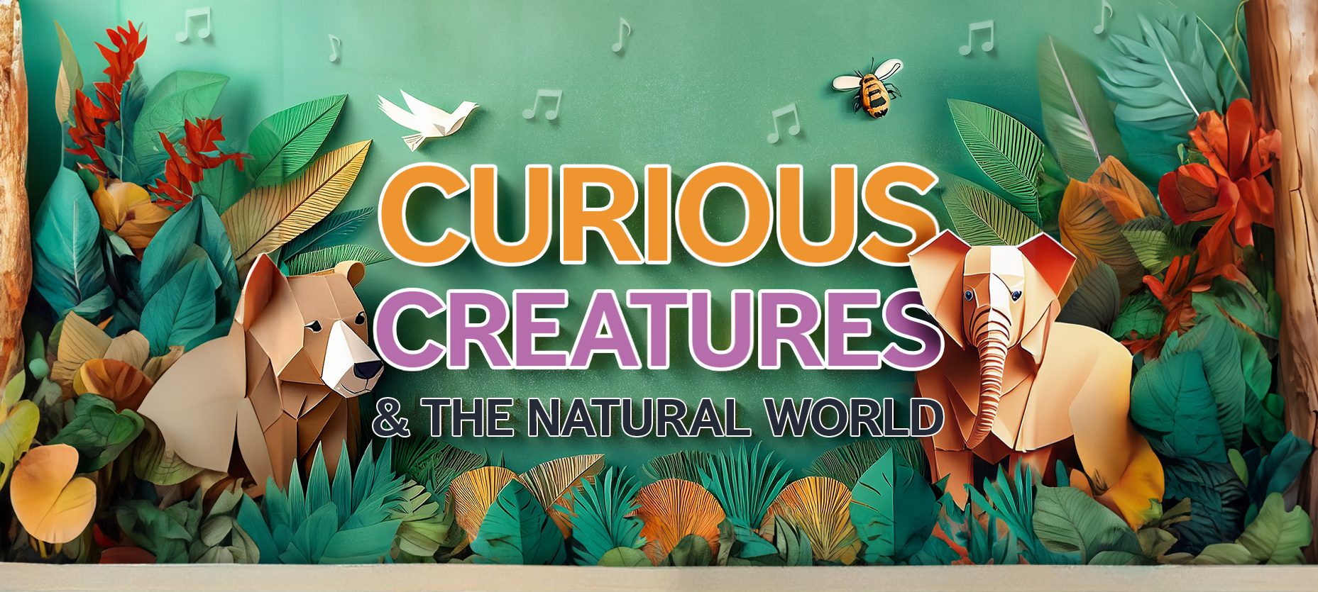 Curious Creates concert image, made up of origame animals and plants of the forest musical notes on a green background.