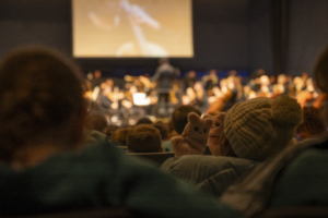 Students watch explore the orchestra concerts, image shows backs of childrens heads looking towards the stage with musicians performing. Some children are holding puppets and teddies.