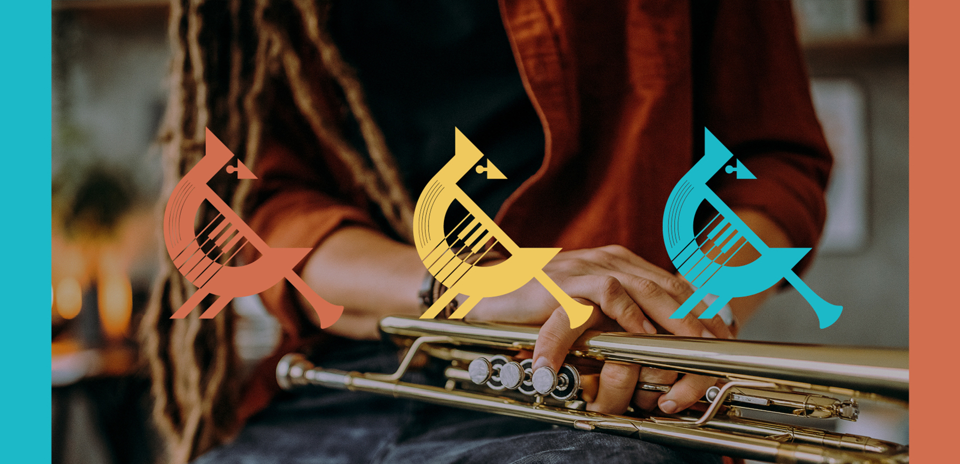 Person holding a trumpet, with red, yellow, and blue stylized bird graphics overlaying the image. This vibrant graphic banner captures the spirit of the BSO music making competition from the Bournemouth Symphony Orchestra. The person’s face is not visible.