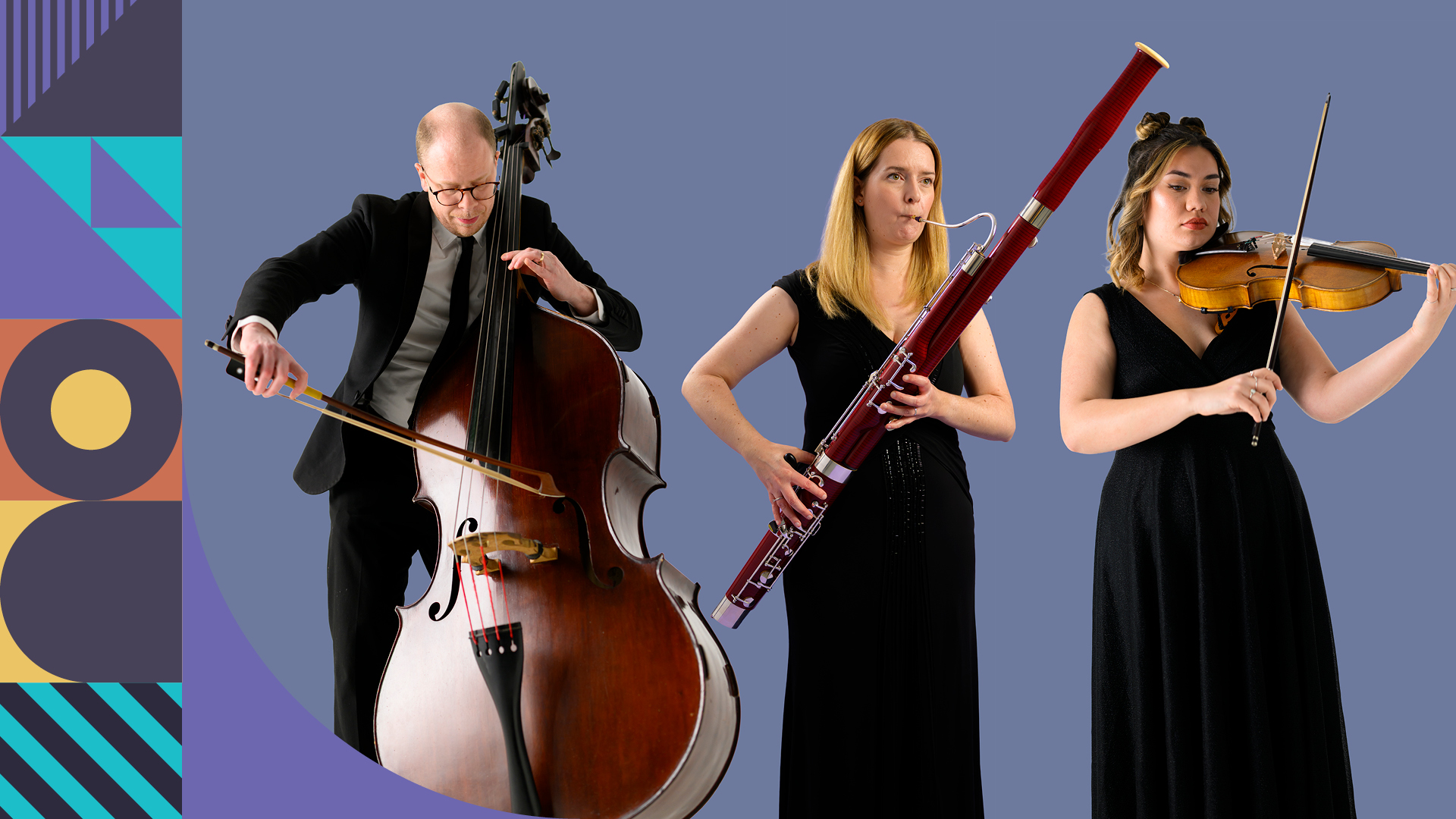 Three musicians perform: one plays the double bass, one the bassoon, and one the violin—all dressed in black with a geometric pattern on the left side of this Bournemouth Symphony Orchestra concert banner, creating a striking graphic composition.