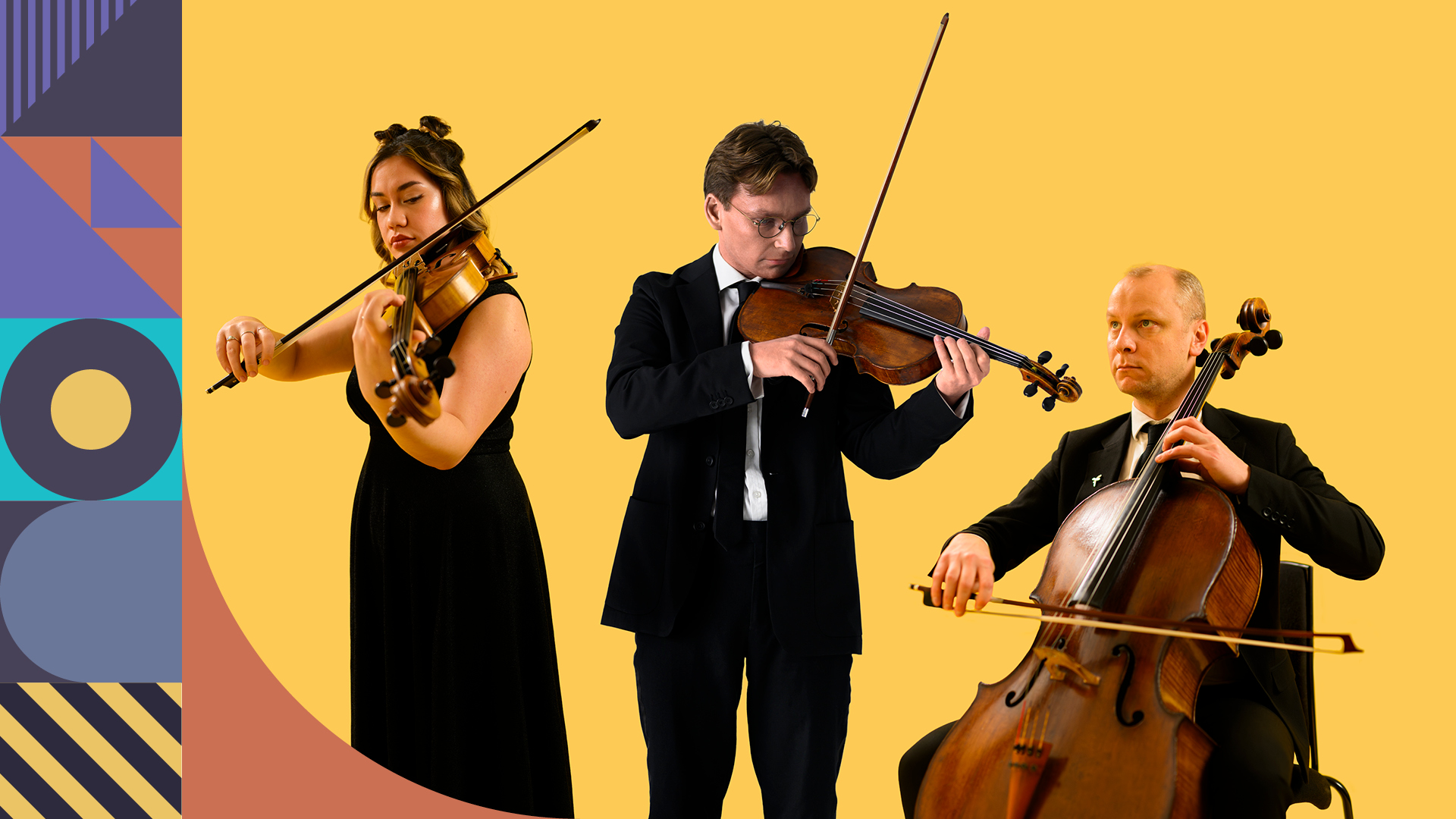 Bournemouth Symphony Orchestra Three BSO musicians perform: one plays the double bass, one the bassoon, and one the violin—all dressed in black with a geometric pattern on the left side of this Bournemouth Symphony Orchestra concert banner.