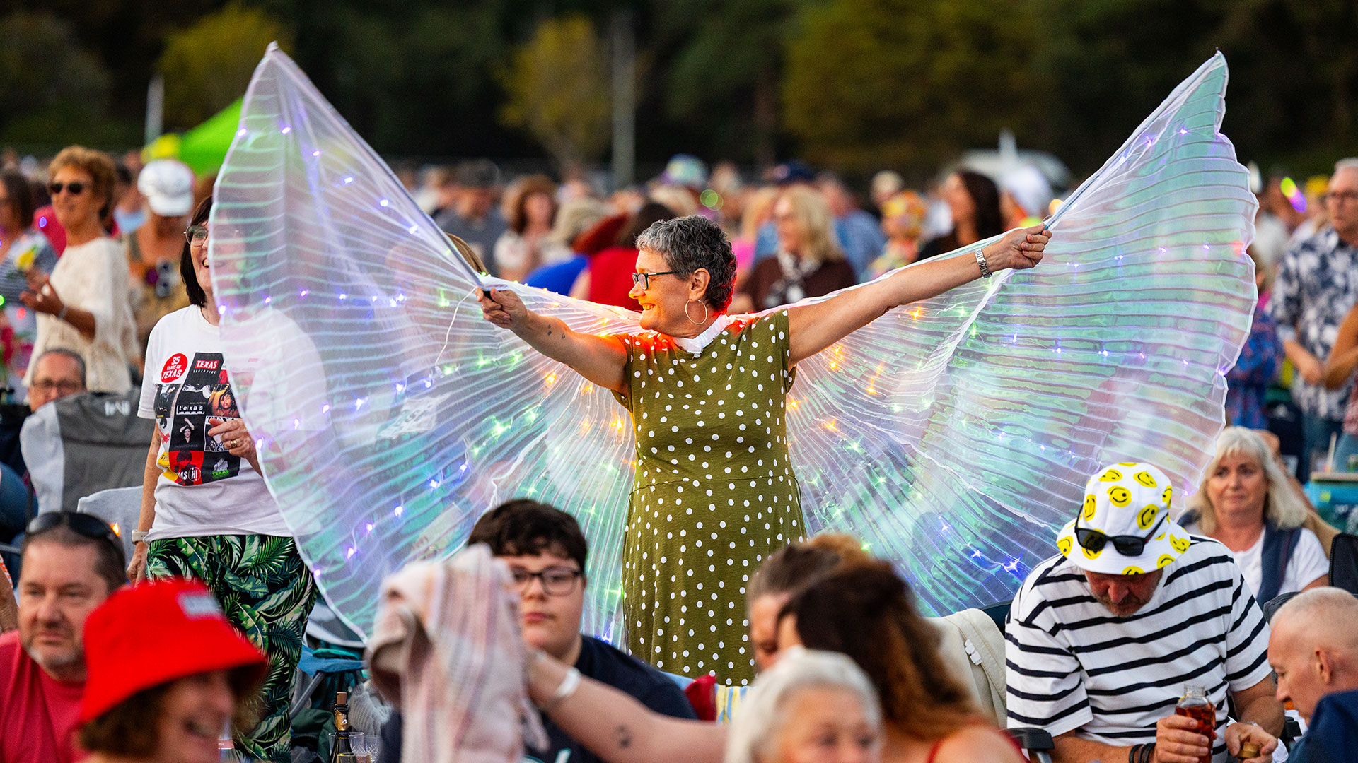 Audience members at BSO Proms in the Park standing up in the crowd with light up fairy wings, spanning out to either side